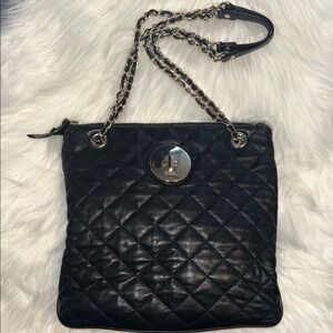 DKNY Black Leather Quilted Bag with Silver Chain Strap